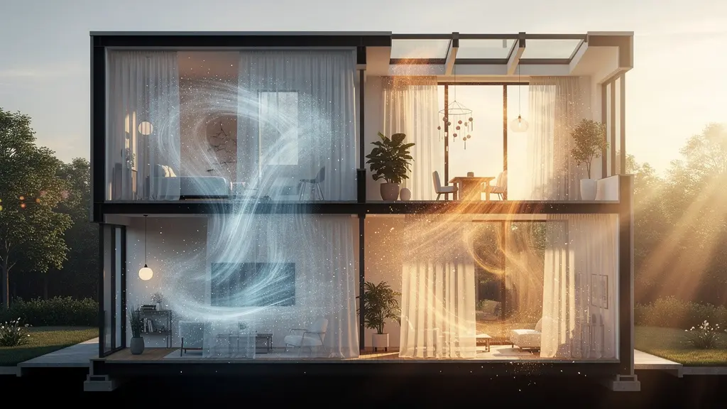 Sección transversal de casa mostrando flujo de aire por ventilación natural con flechas indicando corrientes