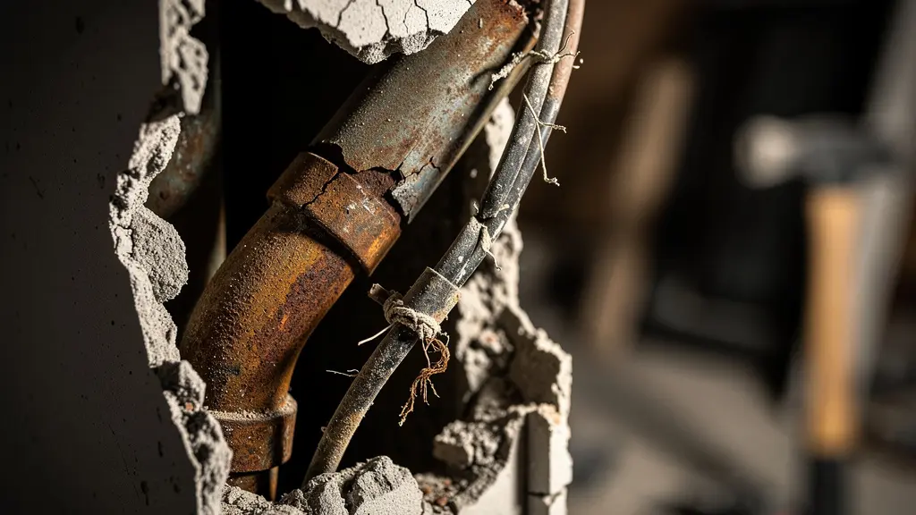 Detalle macro de vicio oculto descubierto al picar pared durante reforma