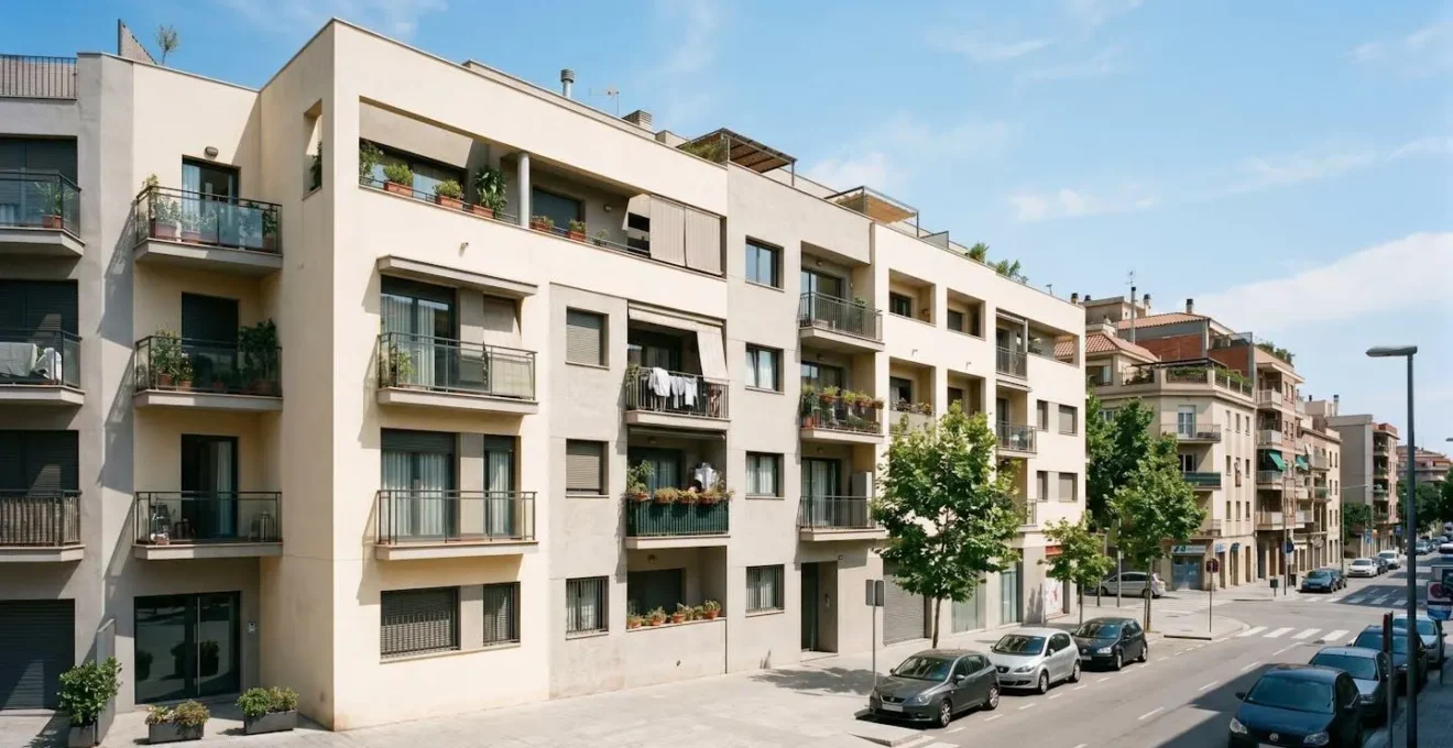 Vista en ángulo amplio de la fachada de un edificio residencial contemporáneo español con balcones en una calle urbana soleada