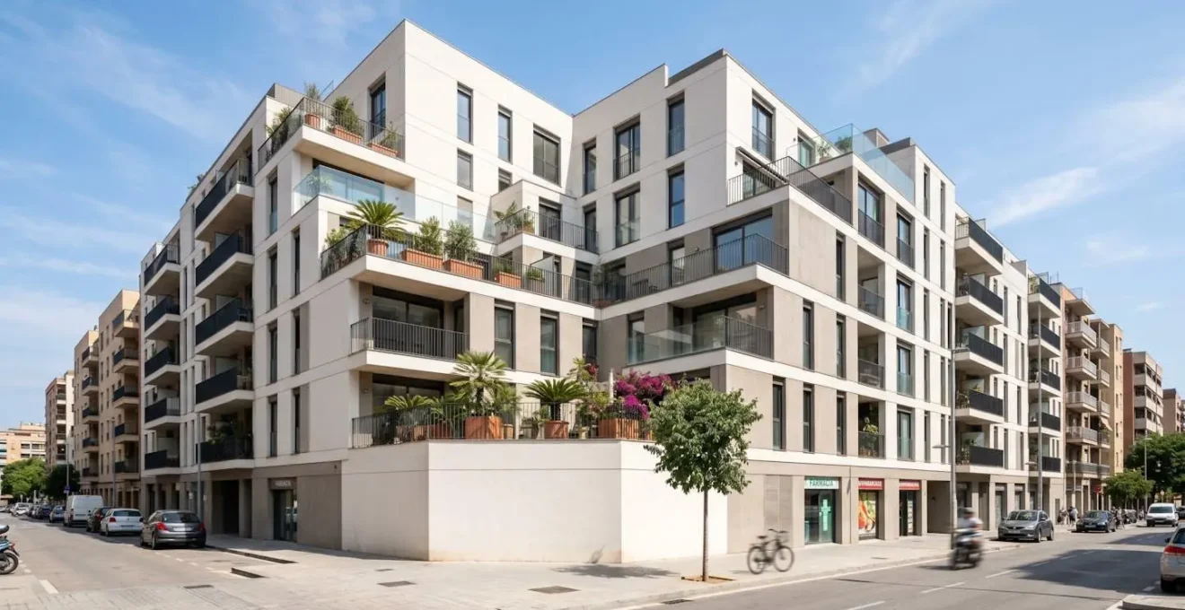 Vista en ángulo amplio de la fachada de un edificio residencial contemporáneo español con balcones en una calle urbana soleada