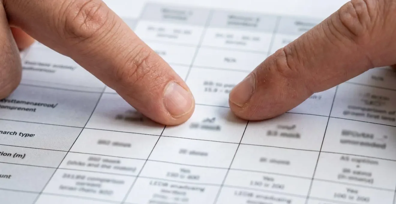 Primer plano de una mano adulta señalando con el índice una celda específica de una tabla comparativa impresa sobre papel blanco