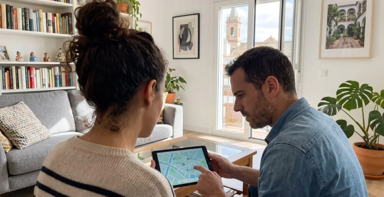 Una pareja de mediana edad sentada en un sofá contemporáneo consulta concentrada una tablet en su salón luminoso