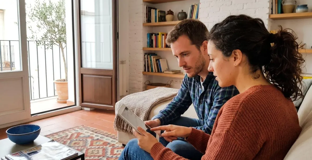 Una pareja de mediana edad sentada en un sofá contemporáneo consulta concentrada una tablet en su salón luminoso