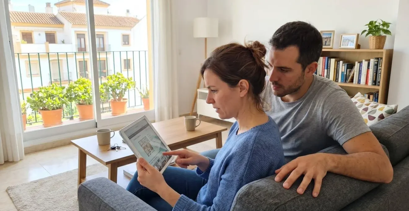 Una pareja de mediana edad sentada en un sofá contemporáneo consulta concentrada una tablet en su salón luminoso