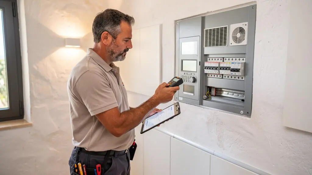 Inspector técnico examinando equipos de climatización durante una evaluación técnica de una propiedad de lujo en Ibiza Inspector técnico examinando equipos de climatización durante una evaluación técnica de una propiedad de lujo en Ibiza