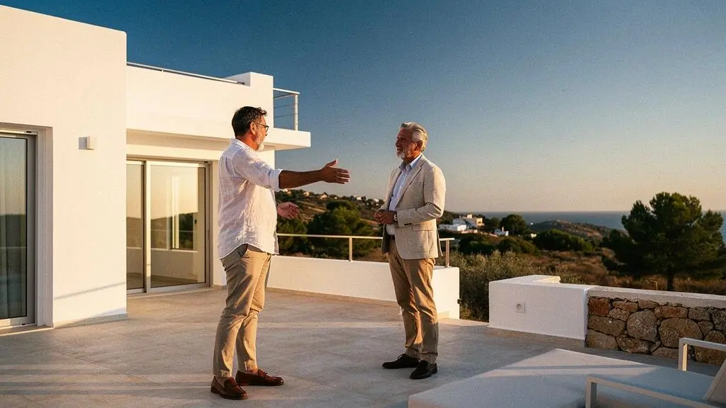 Asesor inmobiliario presentando una villa blanca de lujo a un inversor en Ibiza durante una visita profesional de la propiedad